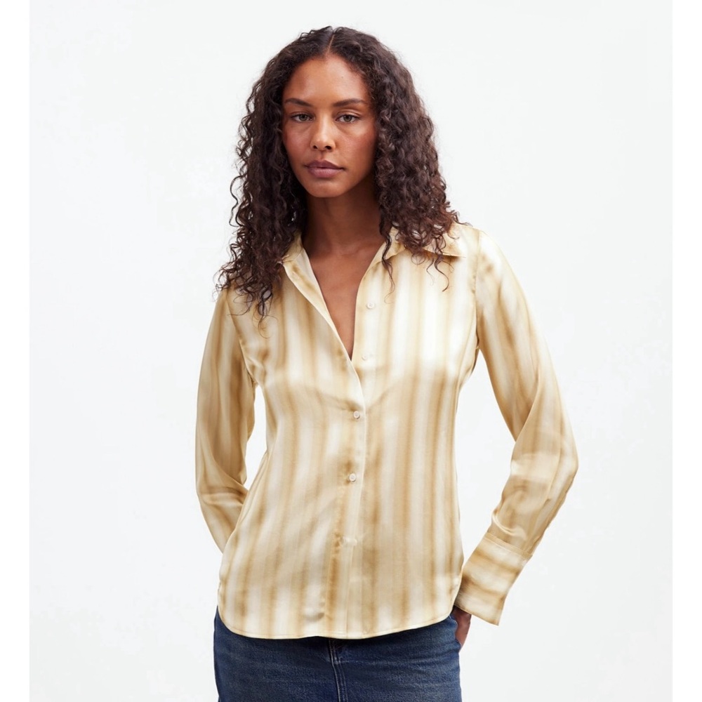 NWT Madewell Slim Button-Up Shirt Stripe Silk Faded Khaki